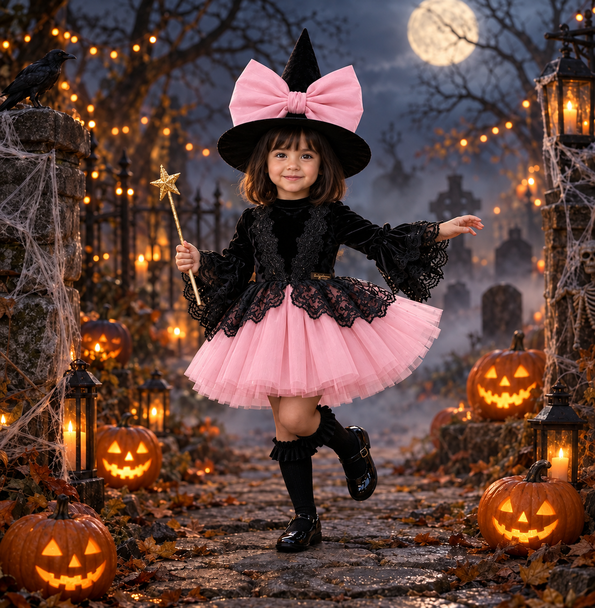 Rochie Halloween cu dantela neagra si tul portocaliu + pălărie pentru fete – Pandora