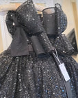 Rochie neagra eleganta cu trena din dantela cu perle si paiete pentru fete - Letisia