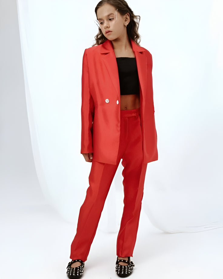 Compleu alb elegant din tafta, pantaloni si sacou pentru fete - Kim