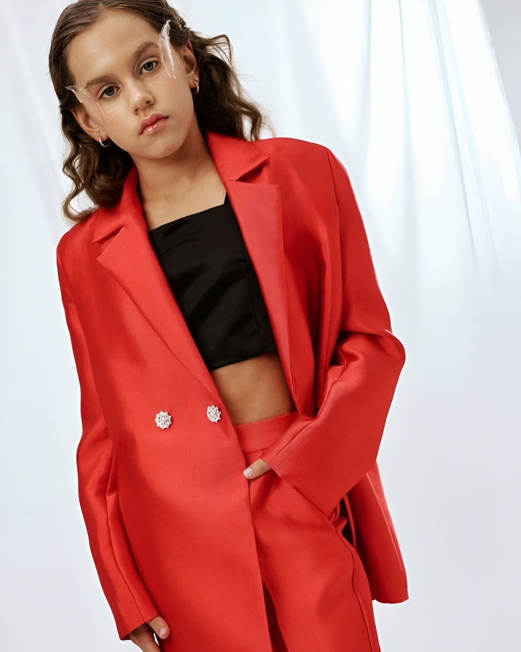 Compleu alb elegant din tafta, pantaloni si sacou pentru fete - Kim