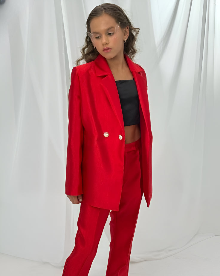 Compleu alb elegant din tafta, pantaloni si sacou pentru fete - Kim
