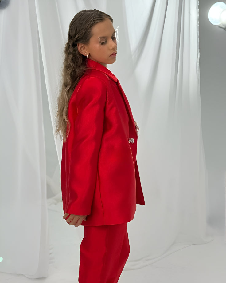 Compleu alb elegant din tafta, pantaloni si sacou pentru fete - Kim