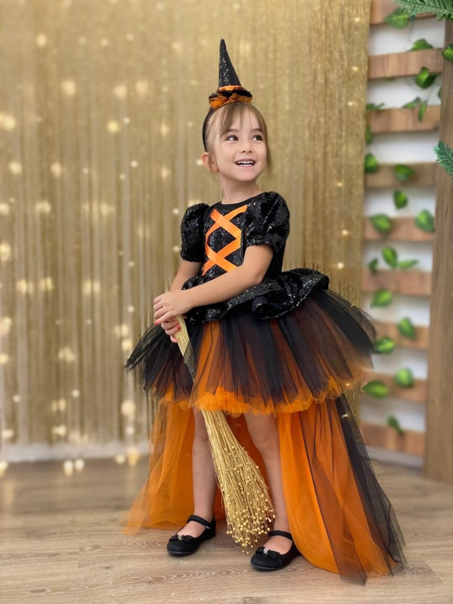Rochie neagru si portocaliu cu trena Halloween Party pentru fete - 12