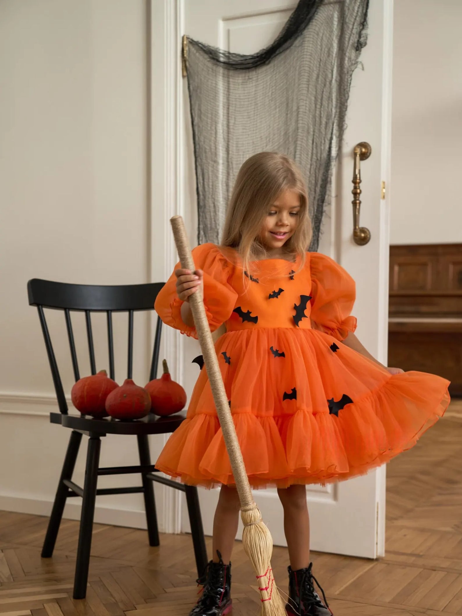 Rochie portocalie accesorizata cu lilieci negrii Halloween Party pentru fete - 00