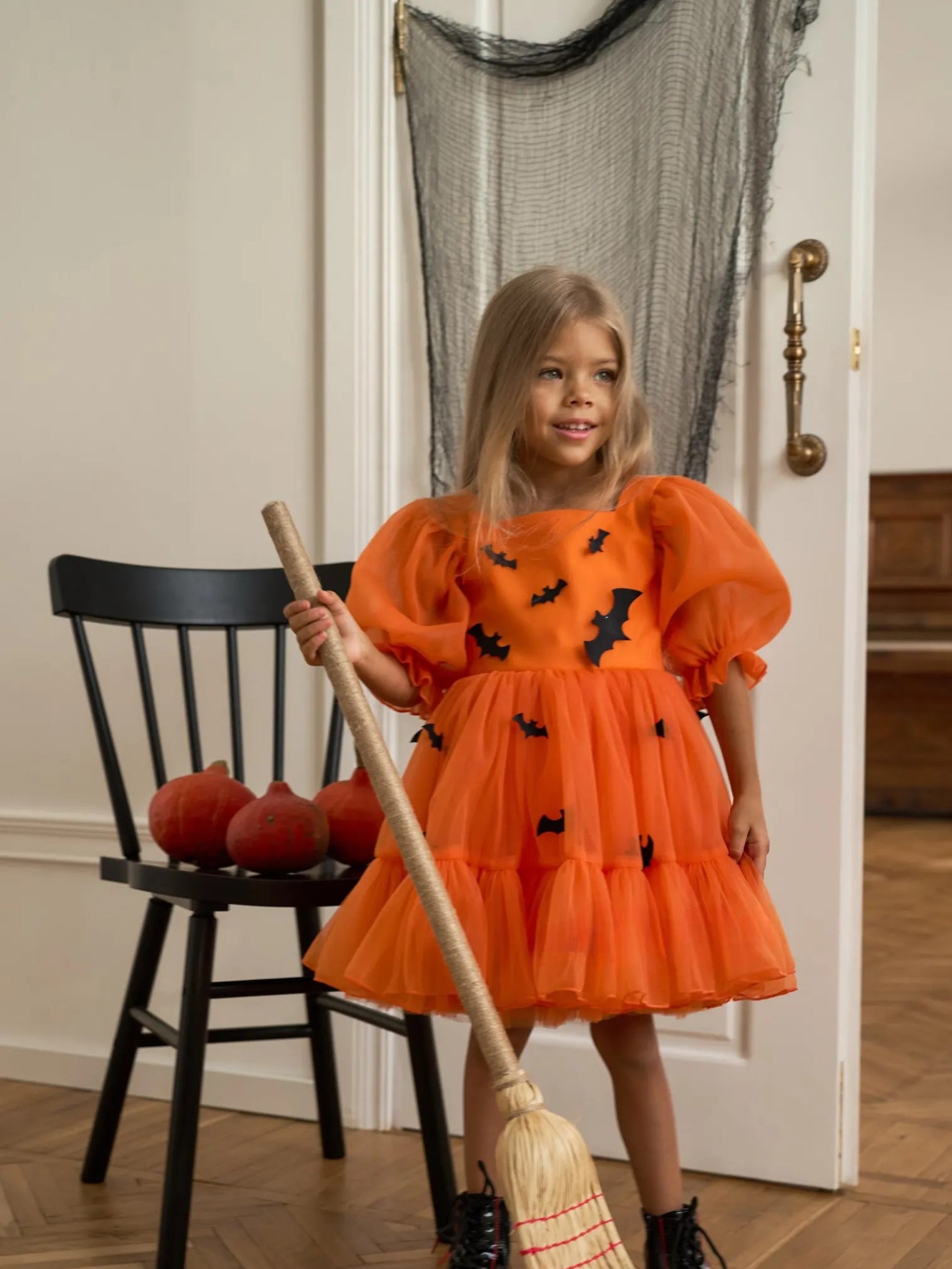 Rochie portocalie accesorizata cu lilieci negrii Halloween Party pentru fete - 00