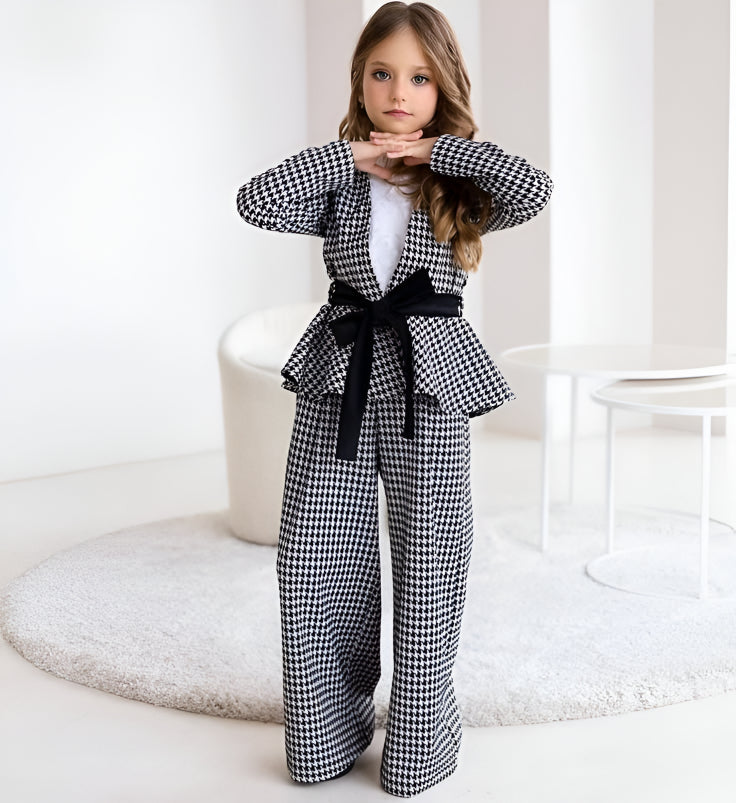 Compleu negru casual, pantalon evazat si sacou pentru fete - Emmy