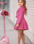 Compleu roz casual din stofa tweed pentru fete - Selma