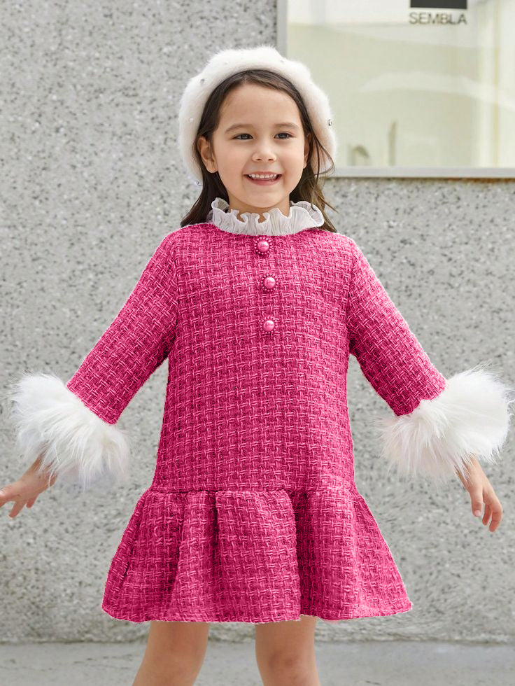 Rochie roz din stofa tweed si maneste din balnita ecologica alba pentru fete - Margo