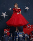 Rochie rosie eleganta pentru fete, din paiete si tulle - Dasha