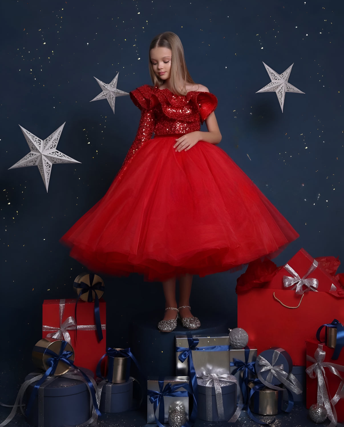 Rochie rosie eleganta pentru fete, din paiete si tulle - Dasha