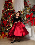 Rochie rosie eleganta pentru fete, din tafta si catifea neagra - Zendaya