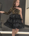 Rochie neagra eleganta din paiete aurii și organza pentru fete - Hany