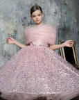 Rochie roz eleganta din dantela cu perle si paiete pentru fete - Iris