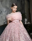 Rochie roz eleganta din dantela cu perle si paiete pentru fete - Iris