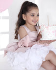 Rochie rosie eleganta din catifea si volane albe pentru fete - Aria