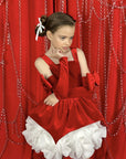 Rochie rosie eleganta din catifea si volane albe pentru fete - Aria