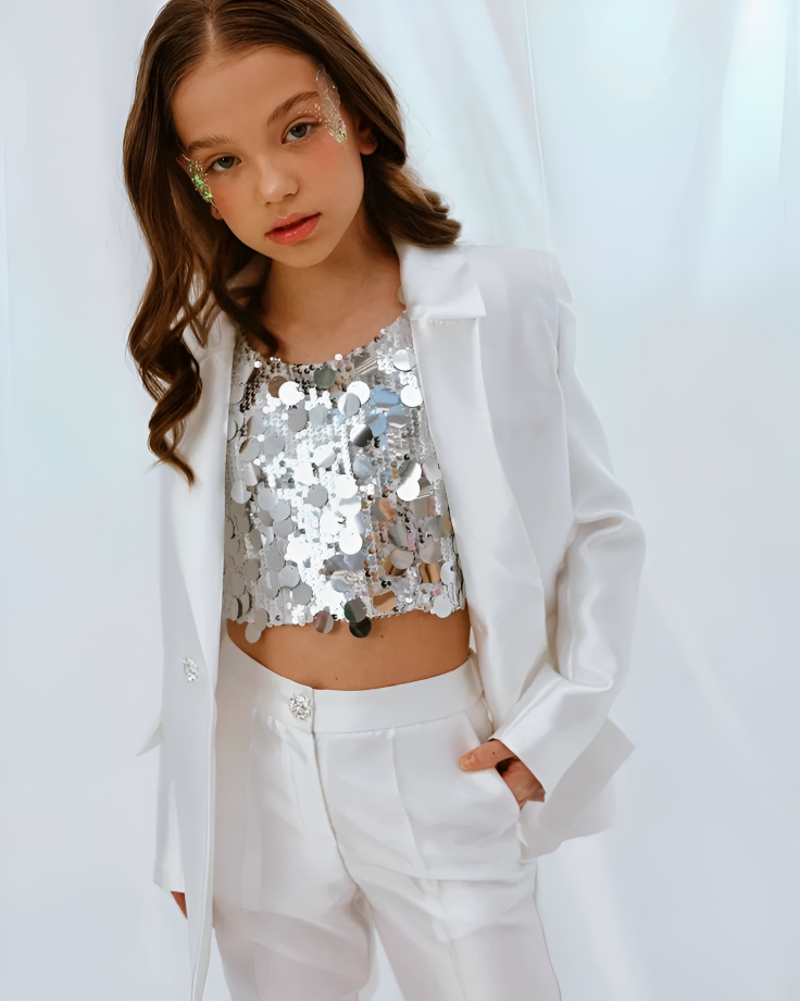 Compleu alb elegant din tafta, pantaloni si sacou pentru fete - Kim