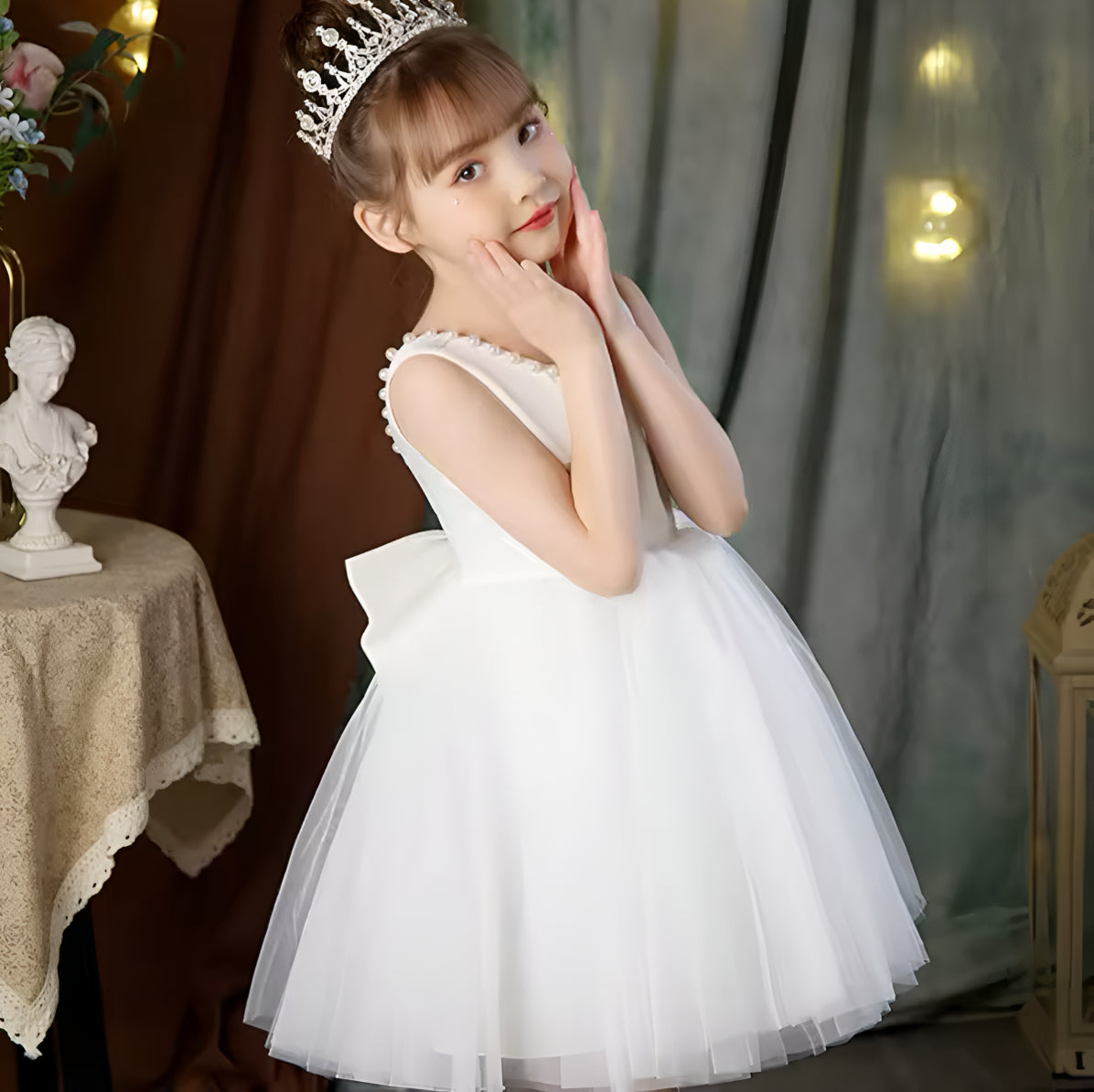 Rochie roz eleganta pentru fete, cu fundita si perle - Luna