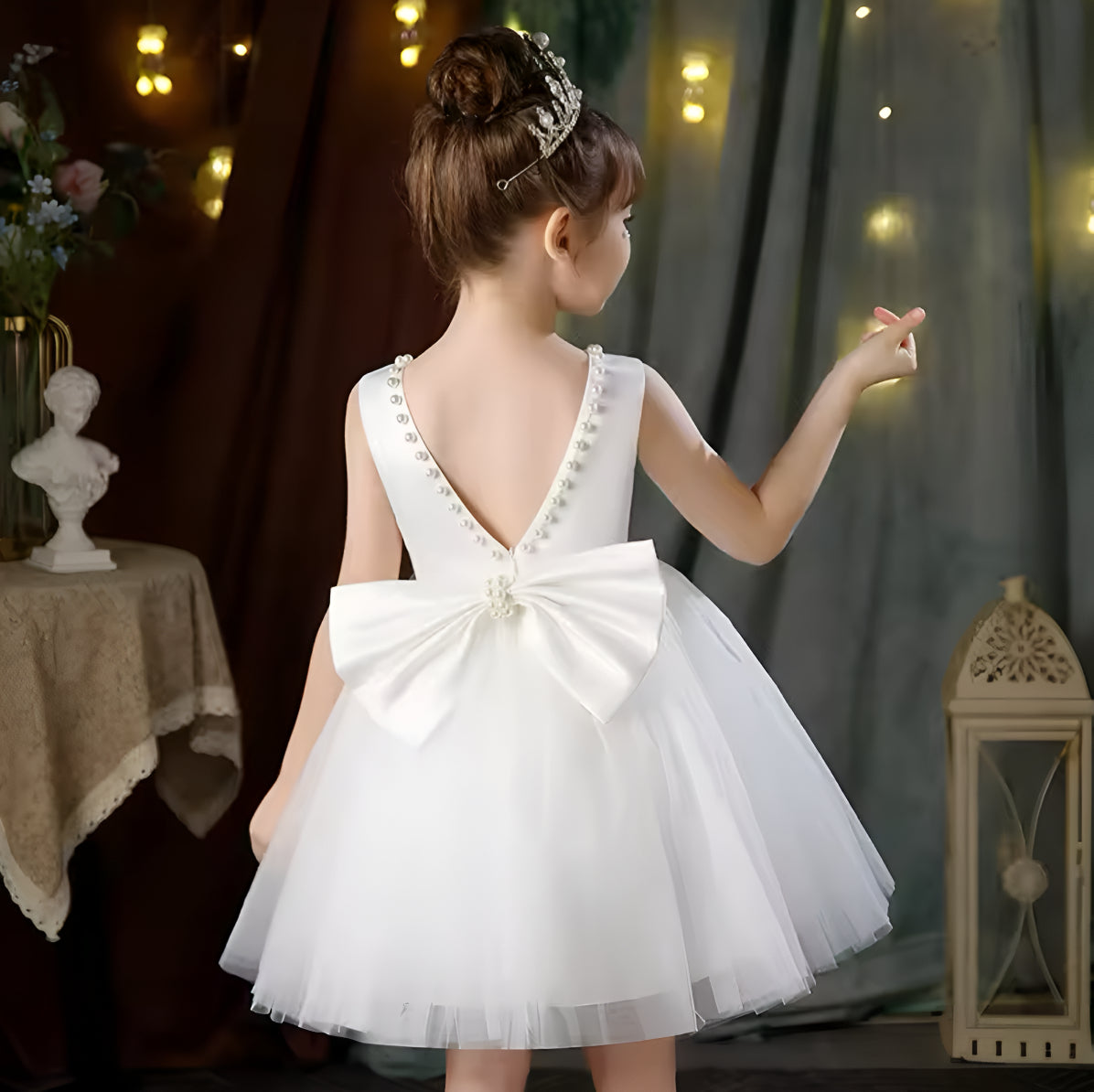 Rochie lila eleganta pentru fete, cu fundita si perle - Luna