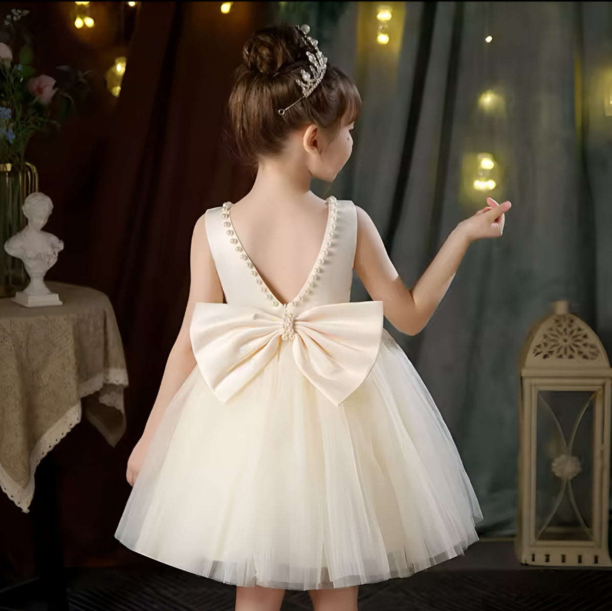 Rochie roz eleganta pentru fete, cu fundita si perle - Luna
