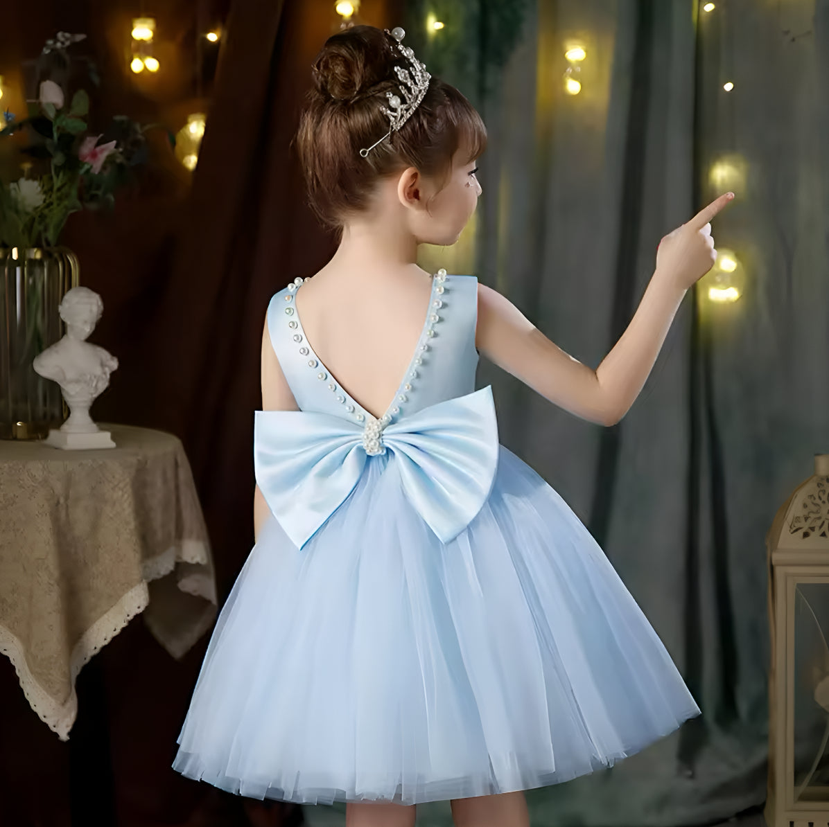 Rochie lila eleganta pentru fete, cu fundita si perle - Luna
