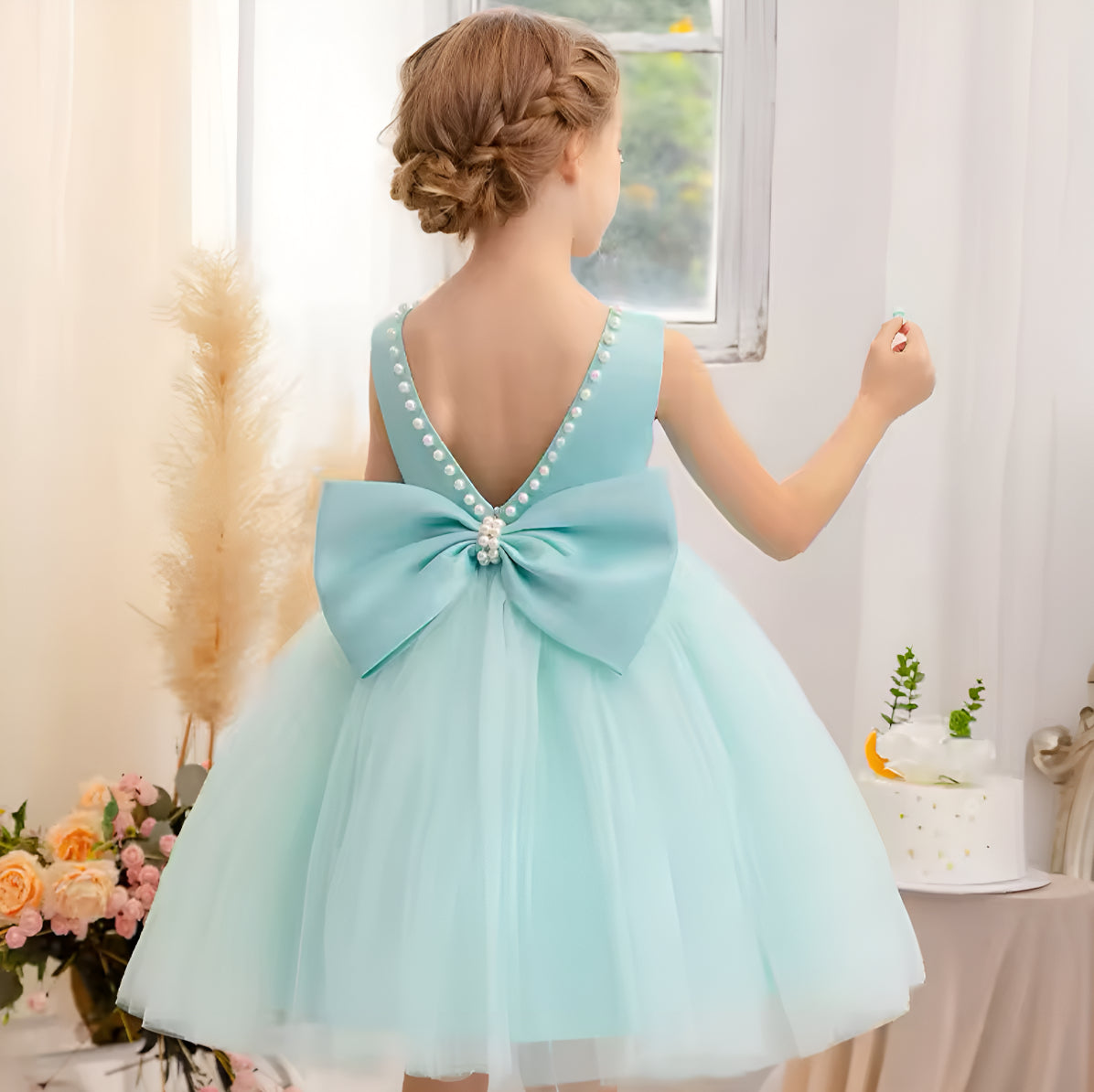 Rochie roz eleganta pentru fete, cu fundita si perle - Luna