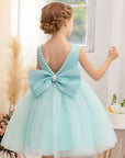 Rochie roz eleganta pentru fete, cu fundita si perle - Luna