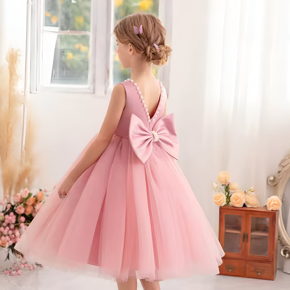 Rochie roz eleganta pentru fete, cu fundita si perle - Luna