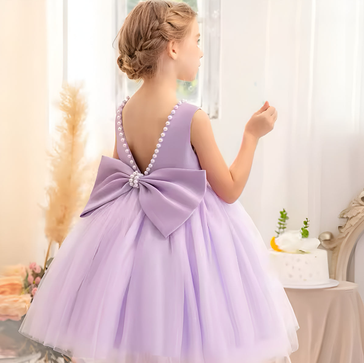Rochie roz eleganta pentru fete, cu fundita si perle - Luna