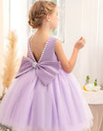 Rochie roz eleganta pentru fete, cu fundita si perle - Luna