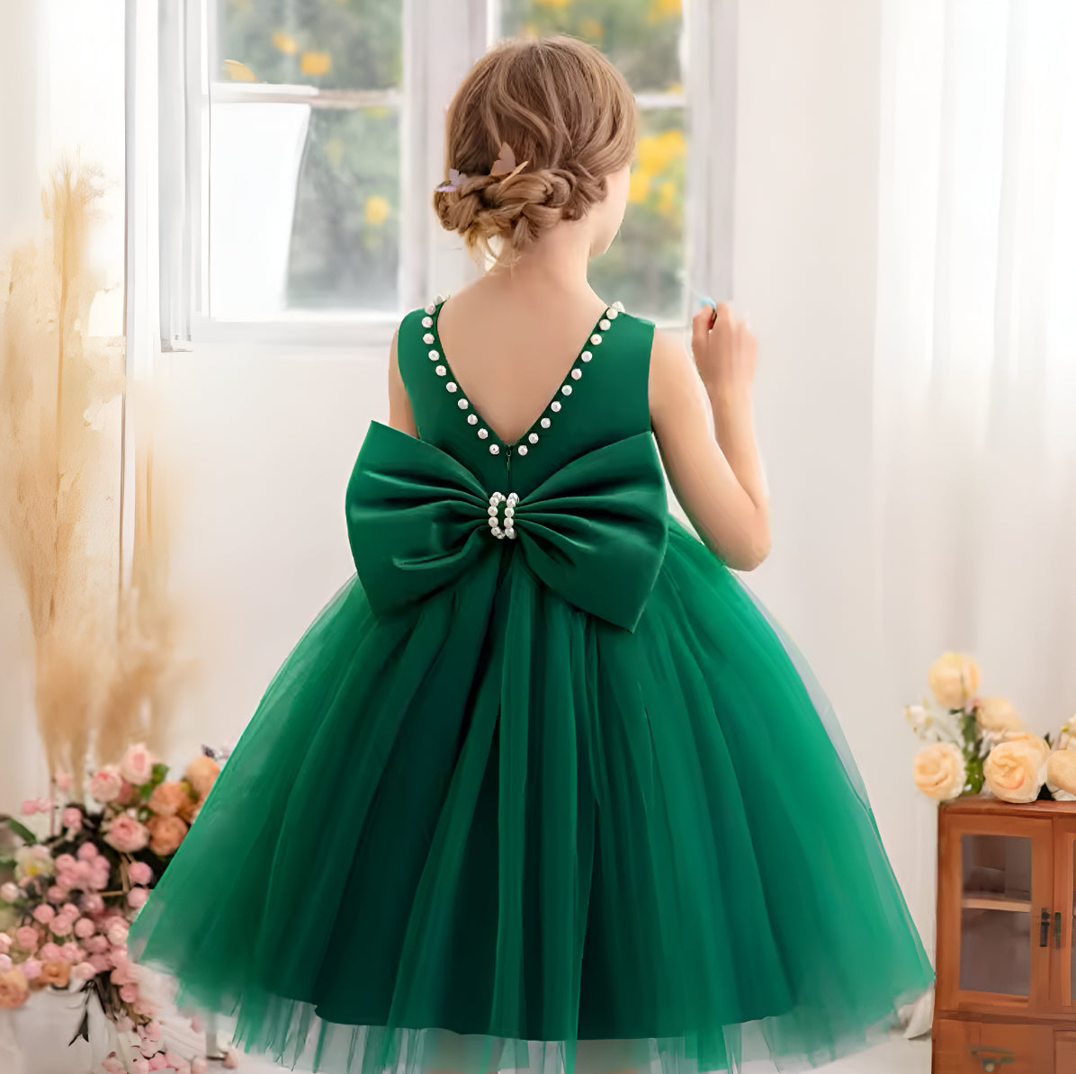 Rochie roz eleganta pentru fete, cu fundita si perle - Luna