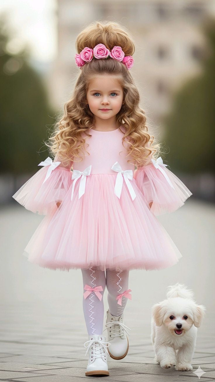 Rochie roz eleganta din tulle si fudnite pentru fete - Remi