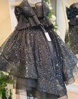 Rochie neagra eleganta cu trena din dantela cu perle si paiete pentru fete - Letisia