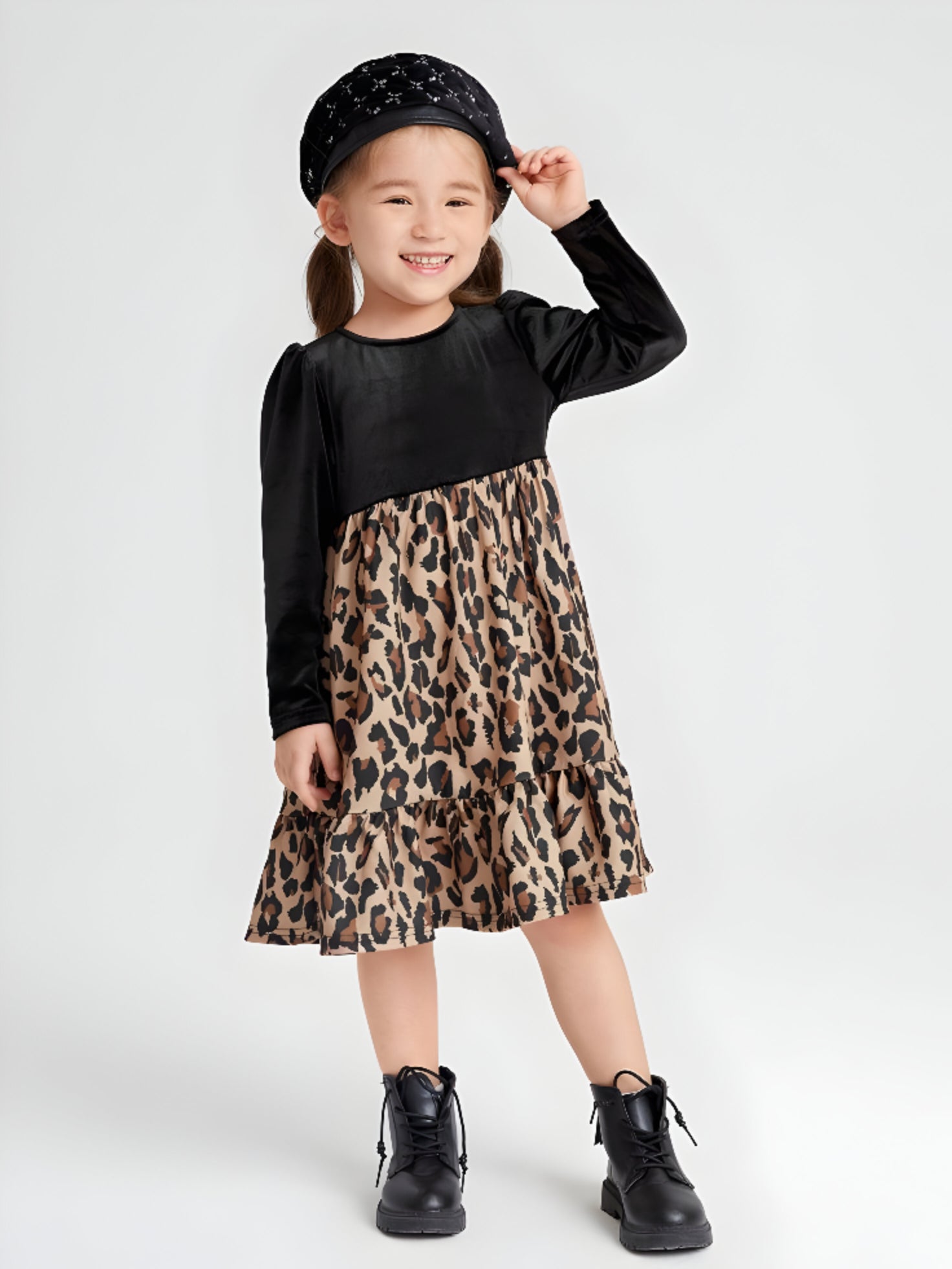 Rochie casual animal print si catifea neagra pentru fete - Ayline