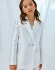 Compleu alb elegant din tafta, pantaloni si sacou pentru fete - Kim