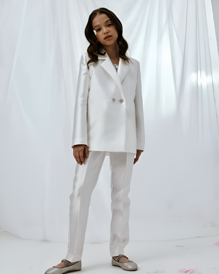 Compleu alb elegant din tafta, pantaloni si sacou pentru fete - Kim