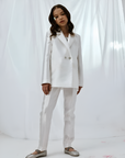 Compleu alb elegant din tafta, pantaloni si sacou pentru fete - Kim