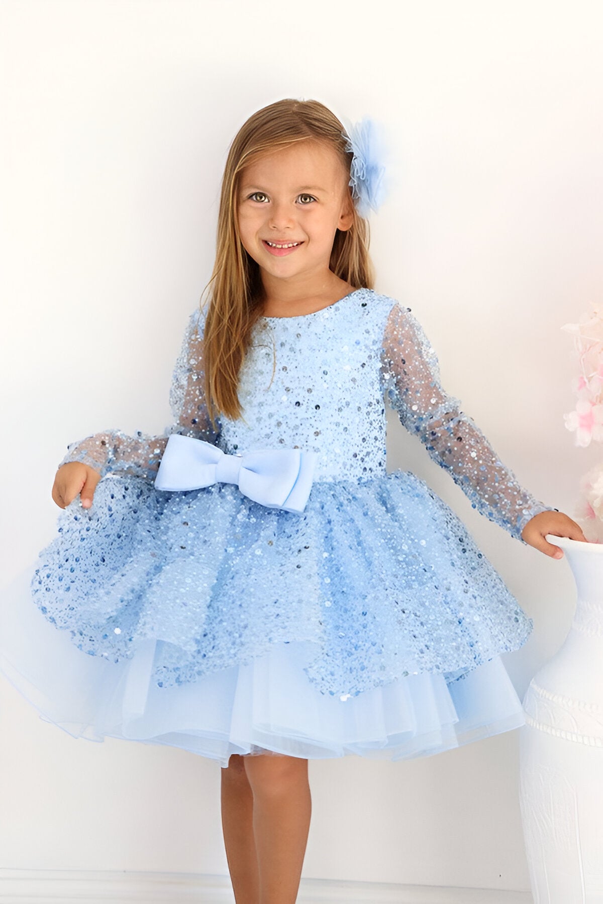 Rochie bleu eleganta pentru fete, din dantela brodata - Alis