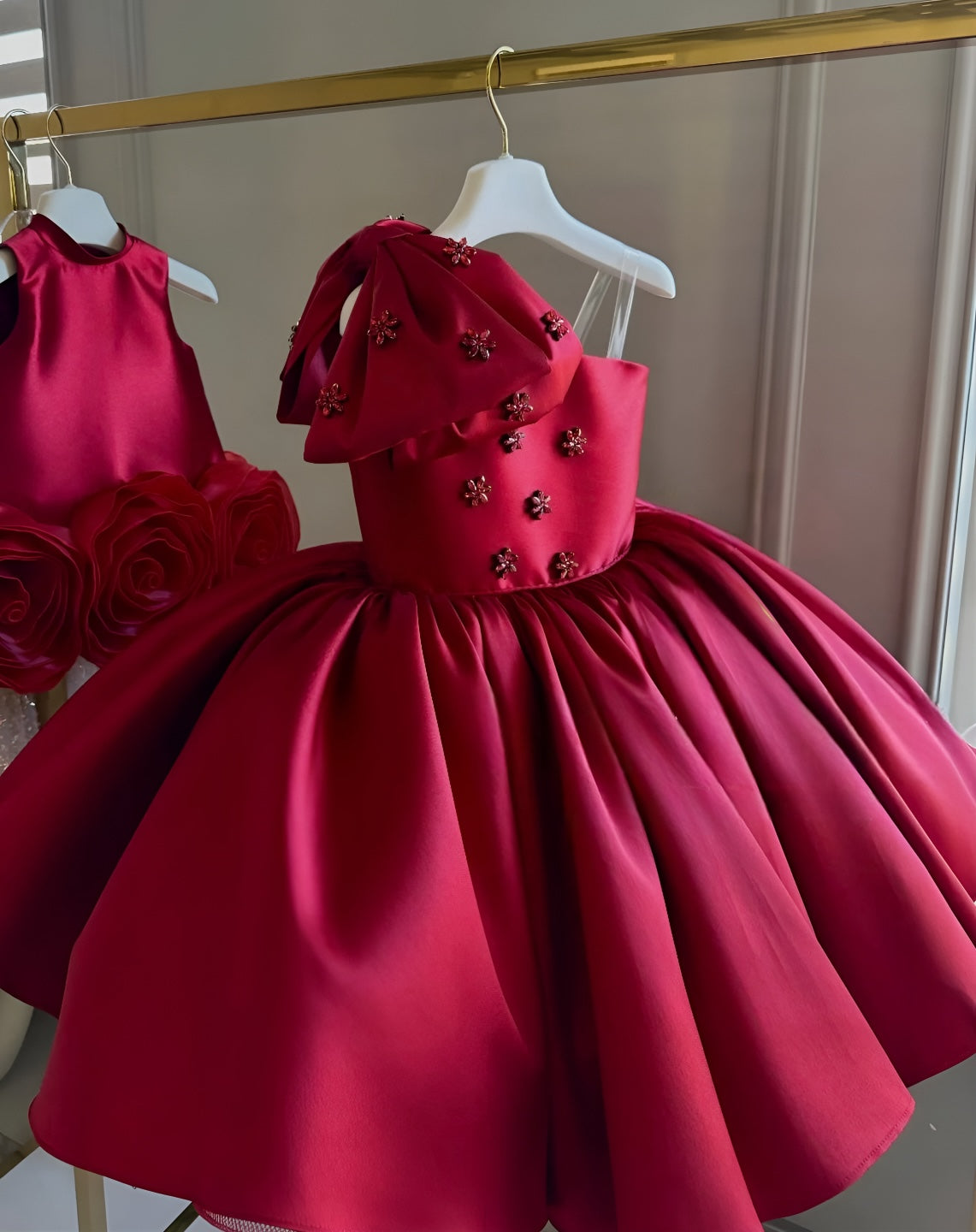 Rochie rosie midi eleganta cu fundite pentru fete - Zenayda