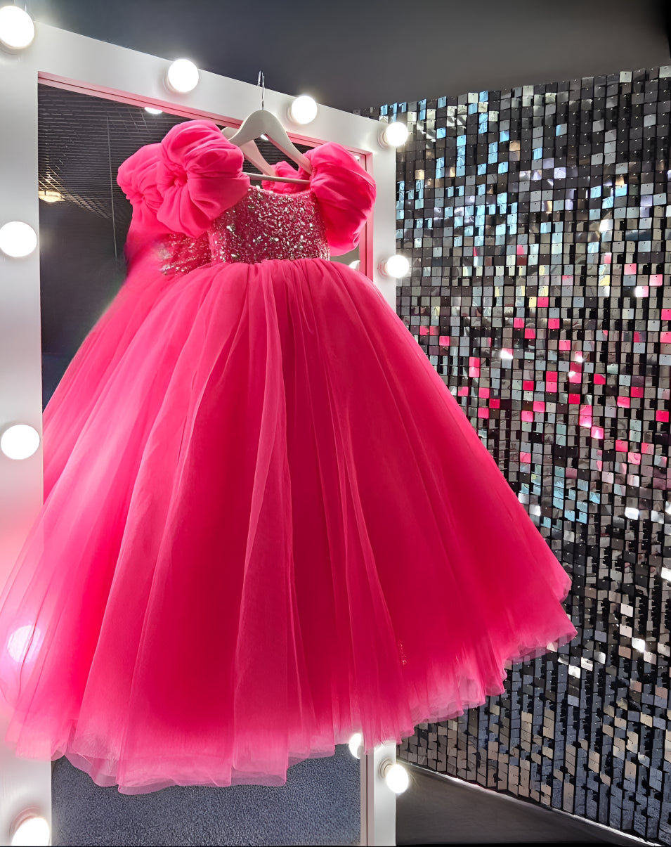 Rochie roz fuchsia lunga eleganta pentru fete, din tulle si dantela - Jasmine