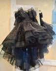 Rochie neagra eleganta cu trena din dantela cu perle si paiete pentru fete - Letisia