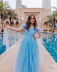 Rochie Fete Lunga Eleganta, tulle cu paiete si fulgi naturali bleu - Celia