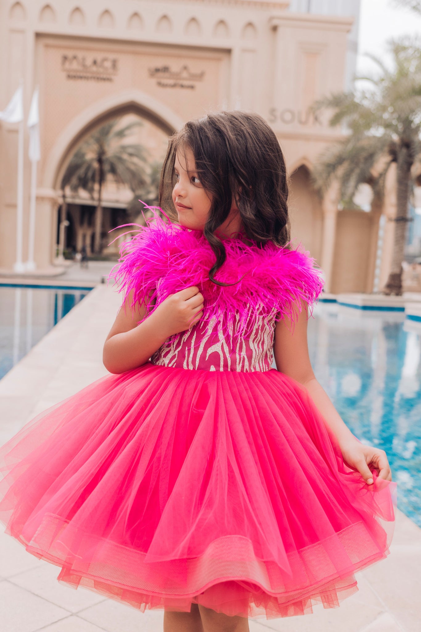 Rochie fuchsia eleganta tulle si fulgi naturali pentru fete - Anitta