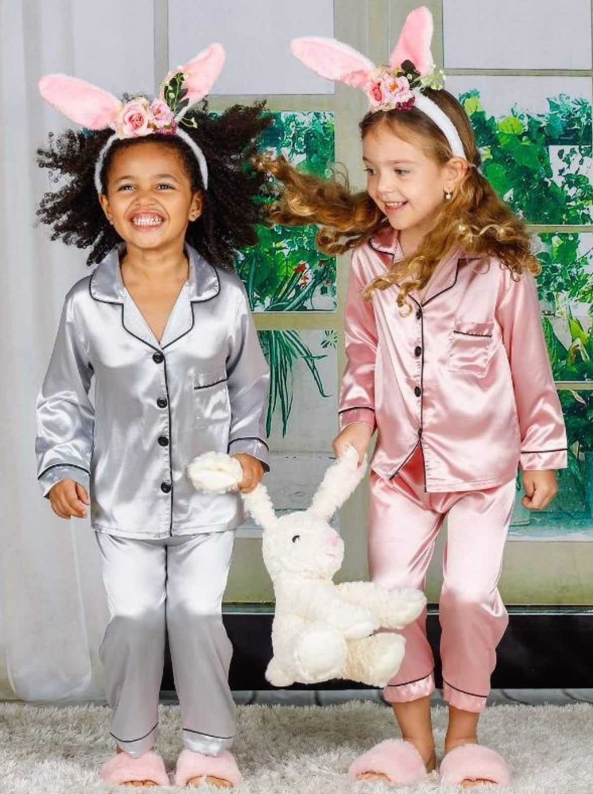 Pijama gri model clasic din satin pentru copii - Personalizare Broderie
