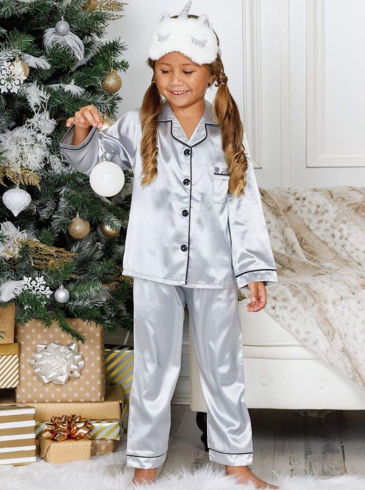 Pijama gri model clasic din satin pentru copii - Personalizare Broderie
