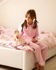 Pijama din bumbac roz si dantela alba pentru fete - personalizabilă