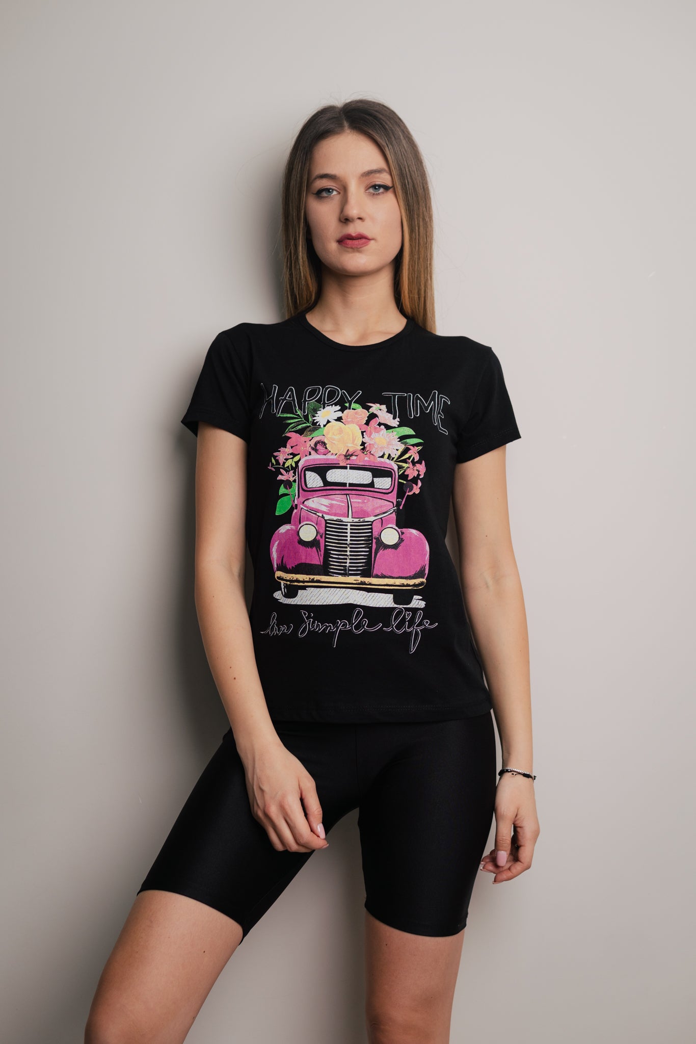 Tricou dama imprimeu Happy time negru