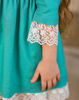 Rochie din in turquoise si dantela pentru fete - Alyssa