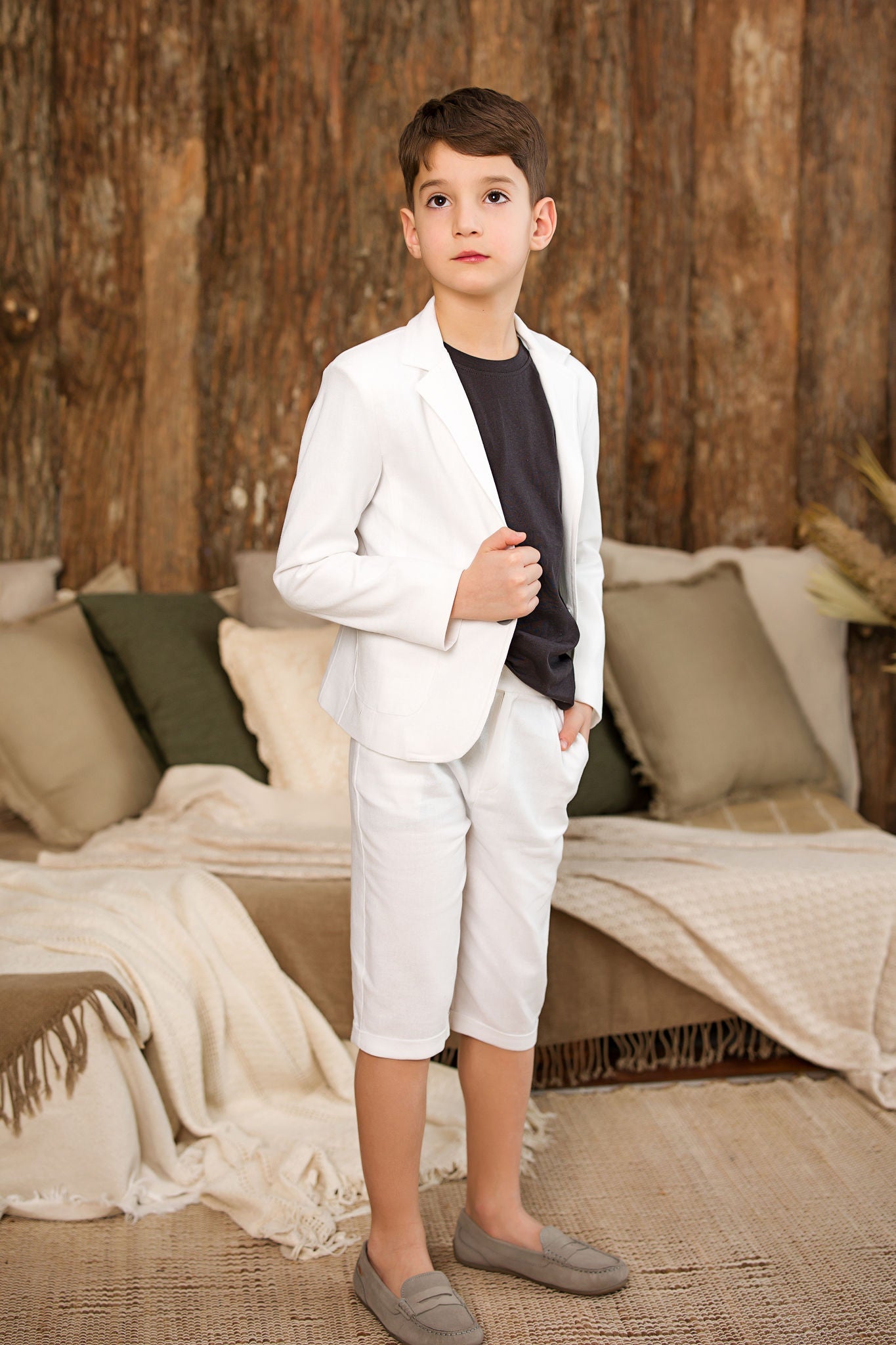 Costum alb elegant din in pentru baieti - Alexander