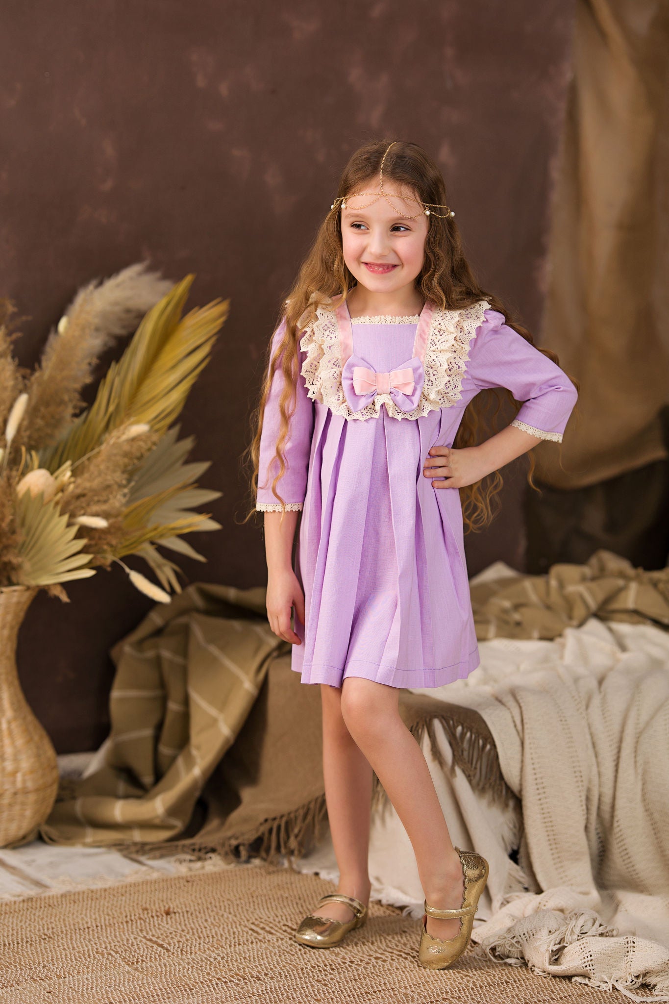 Rochie lila vintage din in pentru fete - Jenny